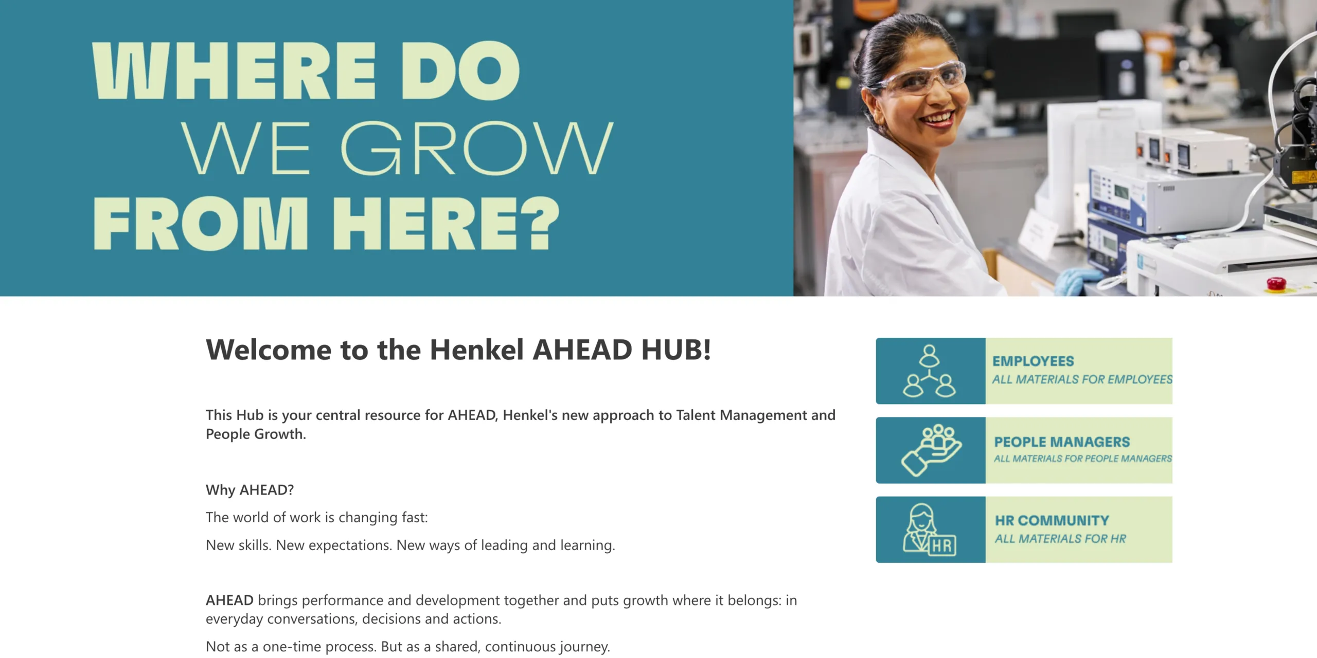 Startseite des Henkel AHEAD HUB: eine Laborantin mit Schutzbrille lächelt in die Kamera, daneben die Frage „Where do we grow from here?“ und drei Einstiege für Employees, People Managers und HR Community